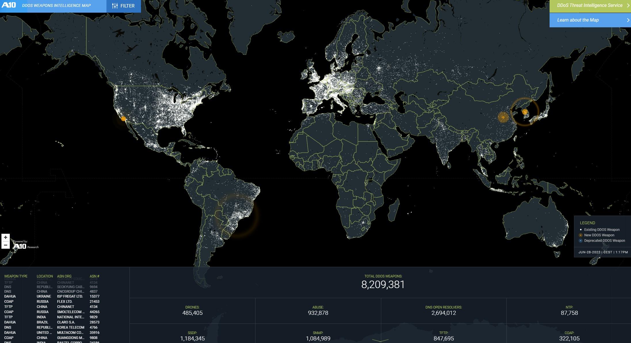 Carte de renseignement sur les armes DDoS - Source A10